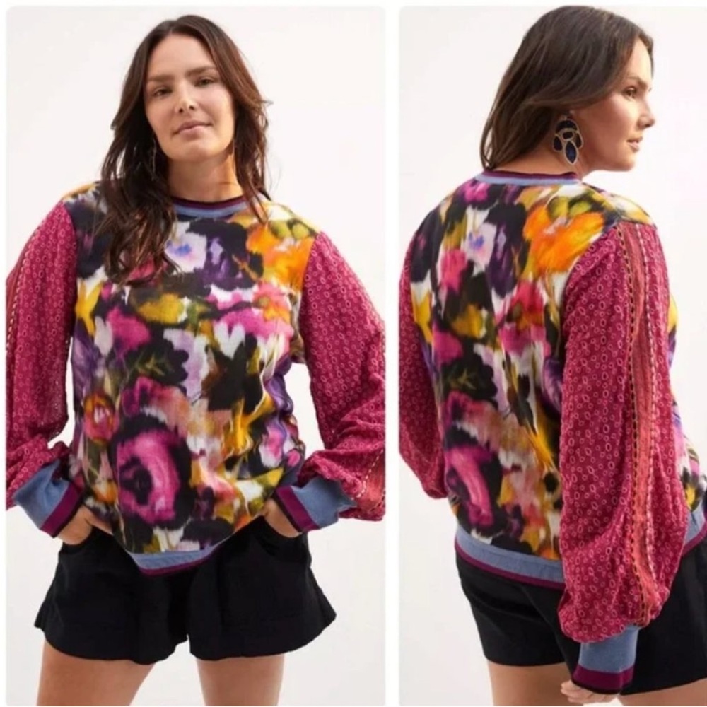 Anthropologie  Bl^nk London Contrast Eyelet Pullover Sweater Top Pink Floral